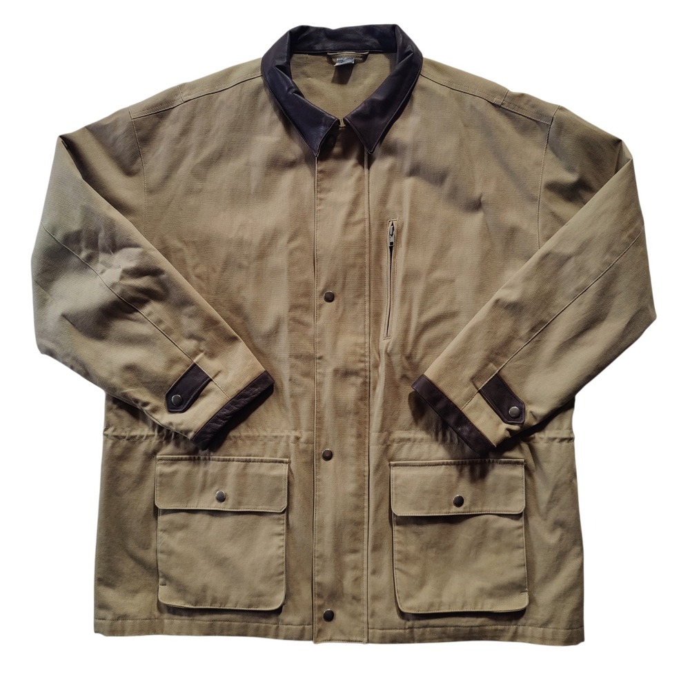 Vintage Cotton Canvas Chore Coat Barn Jacket Leather Trim Utility Gorpcore XL
